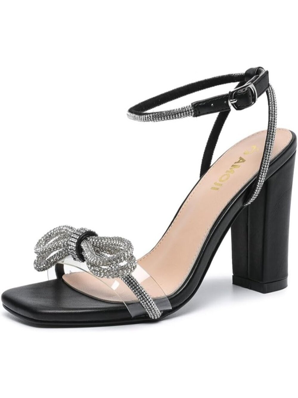 Women's Pu Black 4 Inch Rhinestone Bowknot Block Heels Open Toe Heeled Sandals